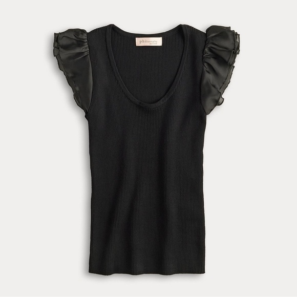Philosophy Tops - Philosophy Black Layered Flutter Sleeve Woven Rib Scoop Neck Top Size Large